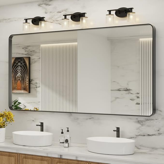 LOAAO 72X32 Inch Black Bathroom Mirror Metal Framed | Rounded Rectangle, Matte Black, Anti-Rust, Tempered Glass, Hangs Horizontally or Vertically