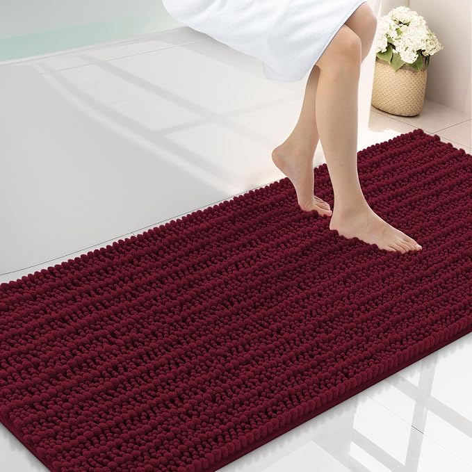 Smiry Bathroom Rugs 59X24, Extra Soft Rubber Backing Chenille Bath Mats | Burgundy Machine Washable Non Slip Quick Dry Bath Mats for Bathroom Floor, Tub, Shower, Home Decor Accessories