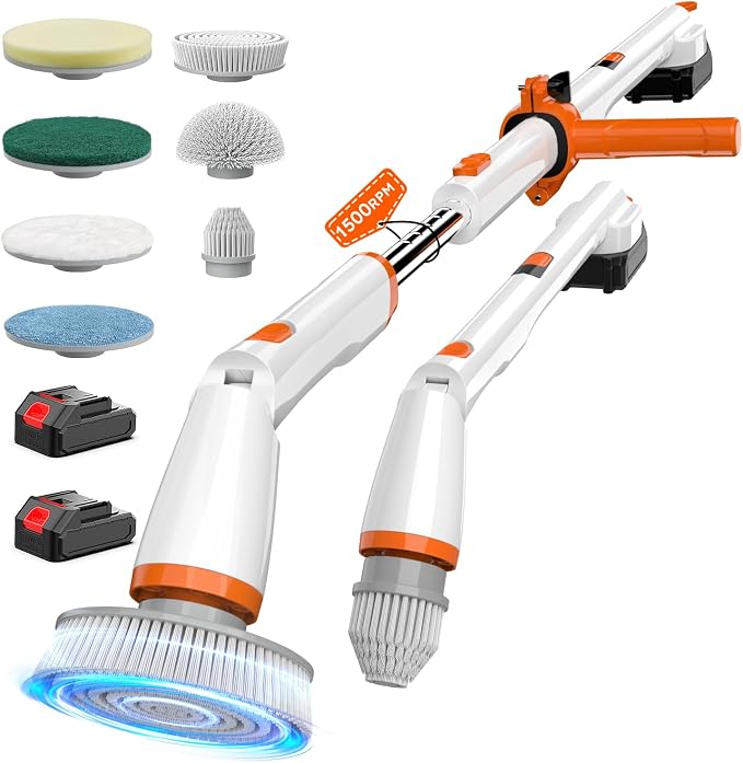 Electric Spin Scrubber,1500RPM Powerful Cleaning Brush for Home | Powerful 1500 RPM cleaning; 4000 mAh rechargeable battery; seven replaceable brushes for bathtub, tile, floor & shower