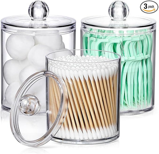 3 Pack Acrylic Qtip Holder Dispenser for Cotton Swabs, Balls, Floss Picks | Thick, Highly Clear, w/ Labels - Small Canister Apothecary Jar Set, Bathroom Decor Essentials, Shelf Vanity Storage Organizer