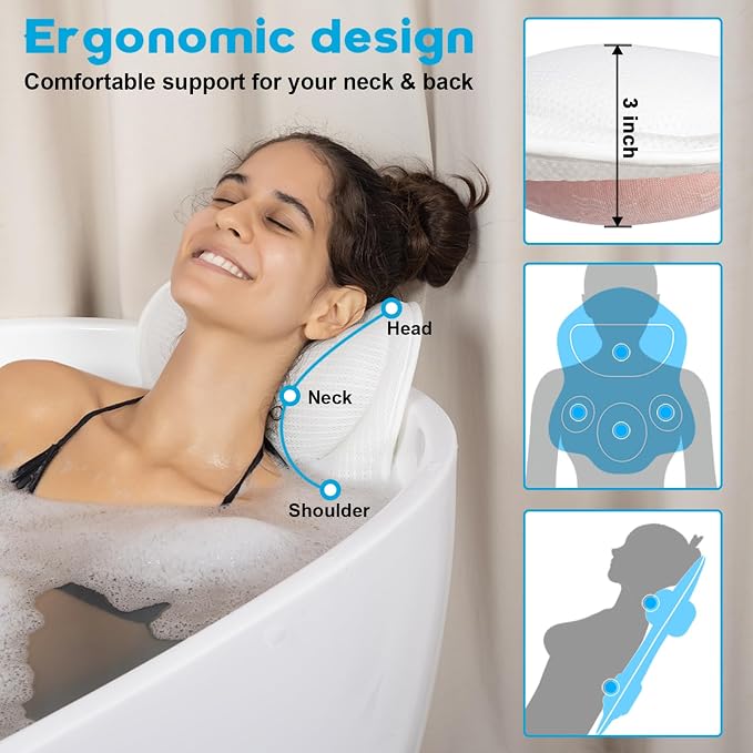 Bath Pillows for Tub Neck and Back Support - Upgraded Non-Slip Rubber Backing & 6 Suction Cups, 4D Air Mesh Spa Bathtub Cushion for Head Rest, Machine Washable with Laundry Bag & Hook(White)