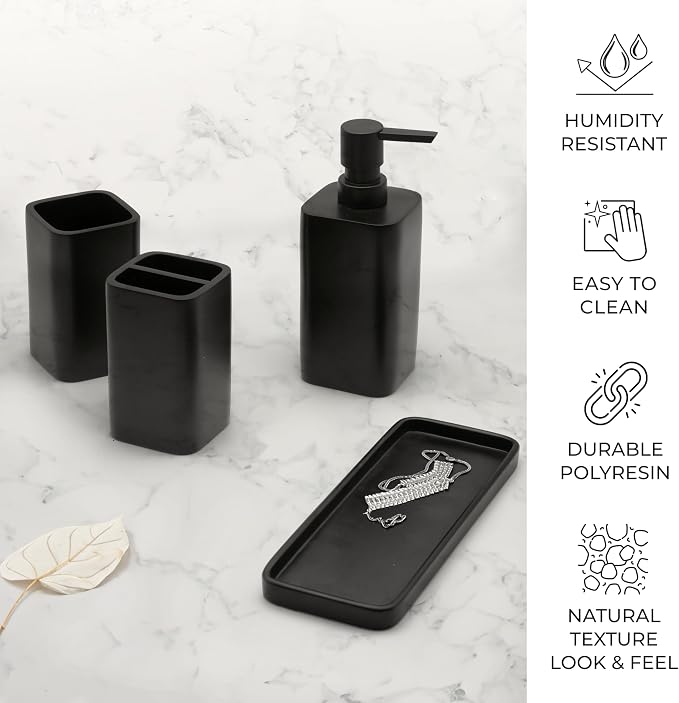 Bathroom Accessory Sets, 4 Pieces Bathroom Accessories Complete Set Vanity Countertop Accessory Set, Includes Lotion Dispenser Soap Pump, Tumbler, Toothbrush Holder and Tray (Matte Black)