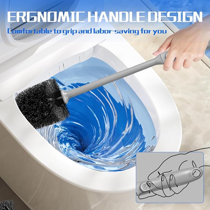 Toilet Brush and Holder 3 Pack with Long Handle - Non-Slip Grip Toilet Bowl Brush Set for Deep Cleaning Bathroom, Toilet Scrubber- Gray
