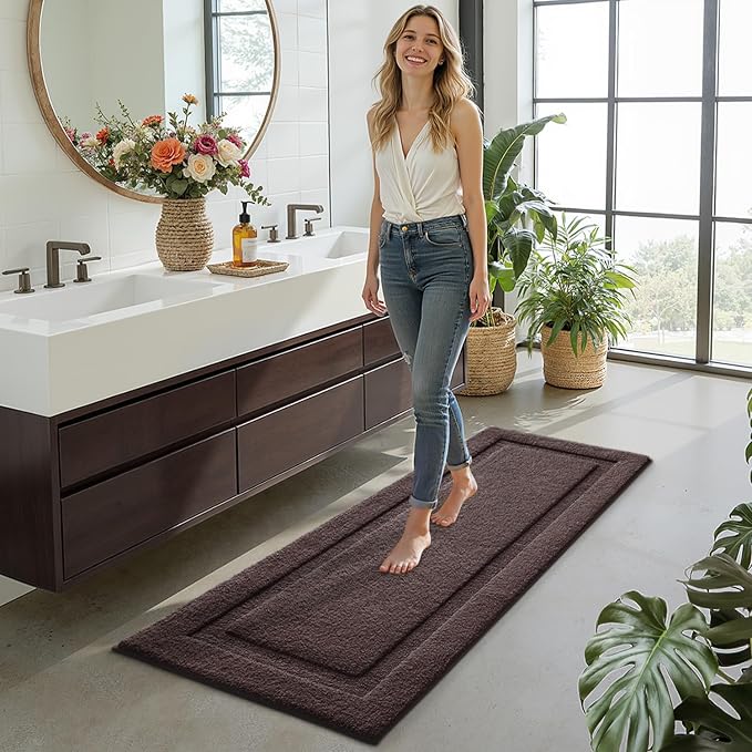 LUMI Ultra Soft Bathroom Runner Rugs, Non Slip Bath Mat 24x60, Brown | Machine Washable with Rubber Backing, Quick Dry, Premium Microfiber Carpet for Bathtub and Shower Floor