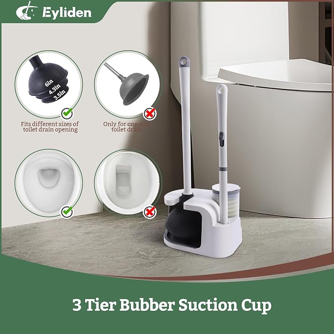 Eyliden Toilet Brush and Plunger Set, Disposable Wand Kit with 10 Refills | Pre-Soaked Concentrated Cleaner Sponge, Touch-Free, 2-in-1 Compact Holder, Powerful Suction Cup, Bathroom Cleaning System