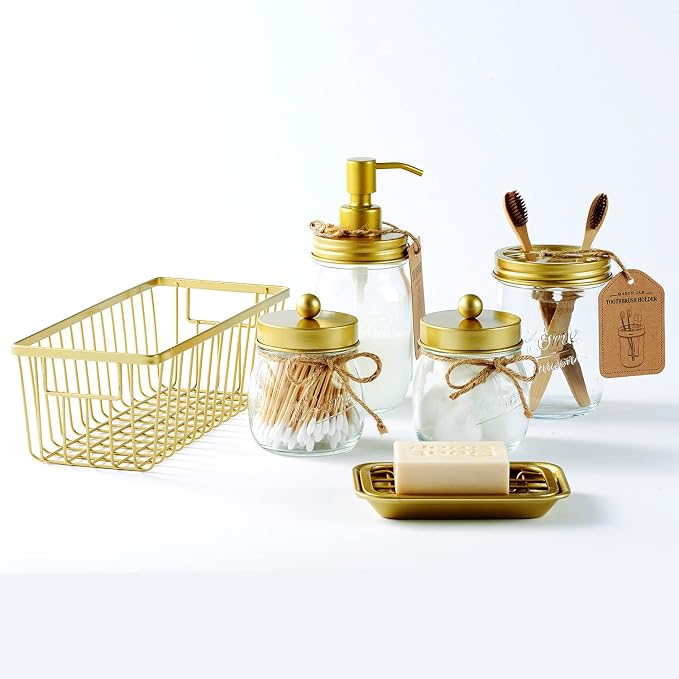 SheeChung Mason Jar Toothbrush Holders, Glass Toothbrush Holders for Bathroom, Bathroom Essentials, Mason Jar Bathroom Accessories Set, Bathroom Countertop Organizer-Gold