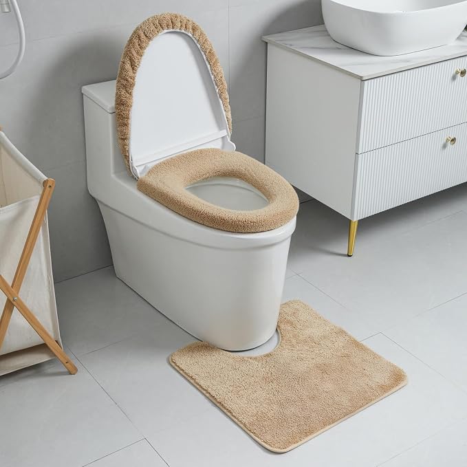 3piece Toilet Seat Cover Set - Toilet Seat Cover +Toilet Lid Cover + toilet rugs u shaped washable, Fits Most Elongated Round and Oblong Toilet(Machine Washable,Quick-Dry) brown