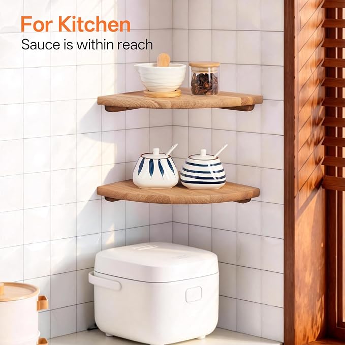 Gieanoo Floating Corner Shelves for Wall Set 2 12inch Solid Oak Rounded Corner Shelves Wall Mounted with Cable Hole Wood Corner Hanging Shelves for Living Room Bedroom Bathroom Kitchen