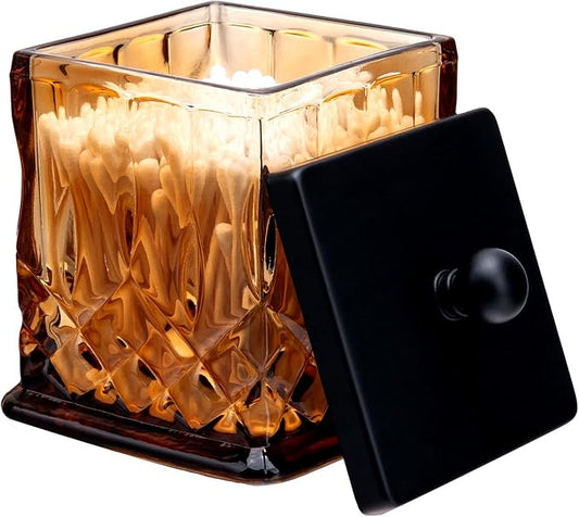 15Oz Amber Glass Q-Tip Holder, Thick Glass & Matte Black Lid | Square Design, for Q-Tips, Cotton Pads, Jewelry, Candy, Square