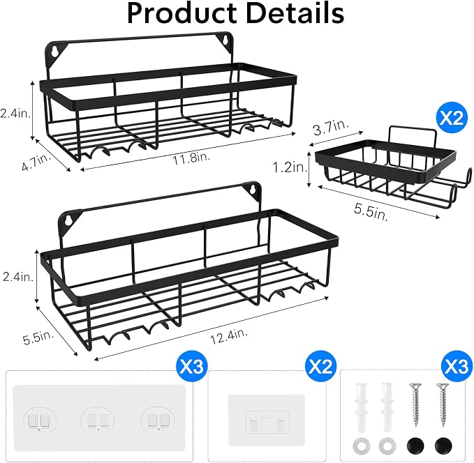 4 Pack Shower Caddy Shelf Organizer with Soap Holder, Stainless Steel Bathroom Shelves Basket with Adhesives/Screws, Hooks, Storage Rack for Kitchen Black