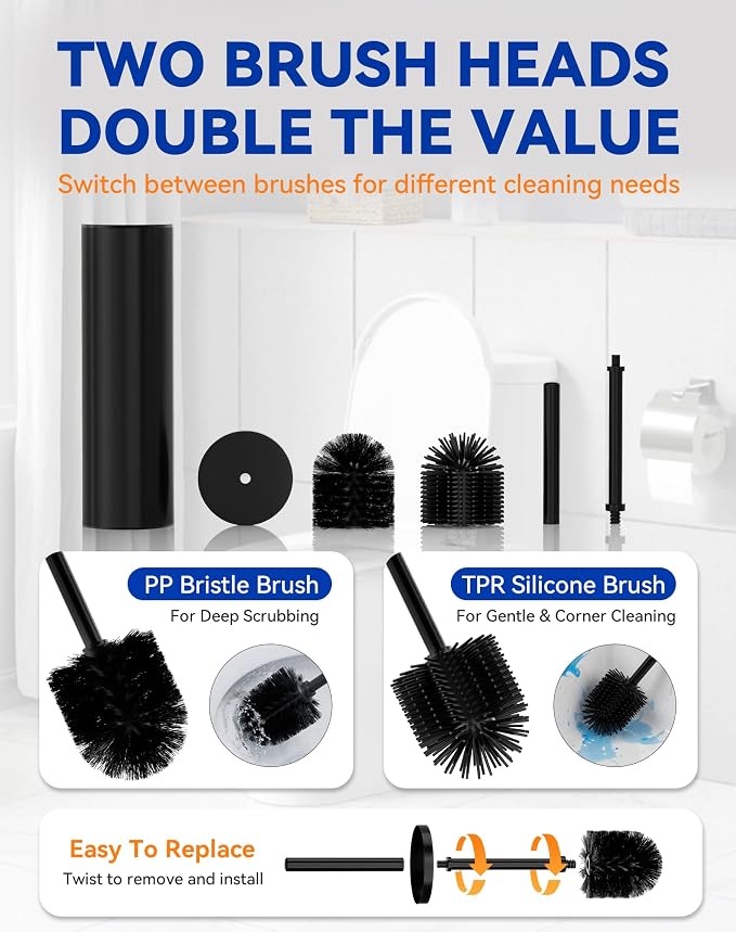 Dowry Toilet Bowl Brush and Holder for Bathroom, Deep Cleaning Toilet Brush and Holder Set with Long Handle, Hidden Toilet Bowl Scrubber with Replaceable Head,Modern Decor Black Round