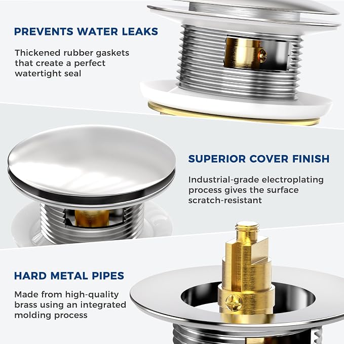 BOTEMY Solid Brass Pop-Up Drain with Overflow for Freestanding Tubs, Tool-Free Installation Bathtub Drain Stopper with Chrome Finish, Big Cap Fit 1.8" Hole, Leak-Proof Heavy Duty（Chrome）
