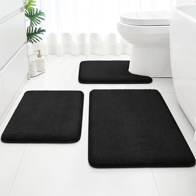 HOMEIDEAS 3 Piece Bathroom Rugs Set, Black 17"x24"+20"x32"+20"x24" | Memory Foam, Ultra Soft, Super Absorbent Bath Mats, Non Slip Backing, U Shaped Toilet Rug for Bathroom, Tub and Shower