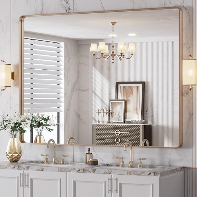 LOAAO 48”X36” Gold Bathroom Mirror, Rounded Rectangle Gold Frame Mirror, Brushed Gold Bathroom Vanity Mirror Wall-Mounted, Anti-Rust, Tempered Glass, Hangs Horizontally or Vertically | Rounded Rectangle, Brushed Gold Frame, Wall-Mounted, Anti-Rust, Tem...