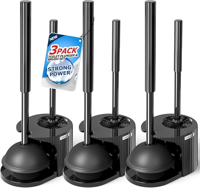 FORASTO 3Pack 2 in 1 Toilet Brush and Plunger Set, Extended Handle Plunger,Toilet Bowl Brush Plunger Set,Bathroom Cleaning Tools,Toilet Brush Plunger Combo,Cleaning Supplies，Black | 21" Extended, Apartment Must Haves, Accessories Decor, Essentials, New...
