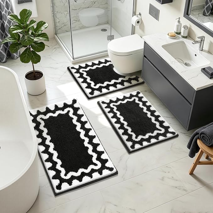 Findosom Bathroom Rugs Sets 5 Piece, Absorbent Soft Non-Slip Bath Rug Set | Washable Microfiber Shaggy Bath Mat Set with Bathroom Runner Rug, U-Shaped Toilet Rugs, Shower Rug & Toilet Lid Cover, Black