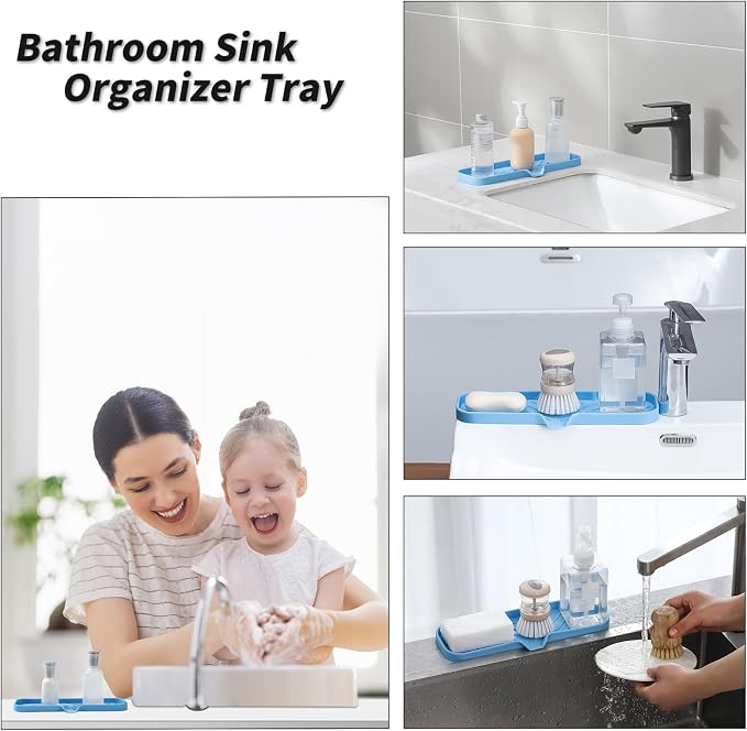MicoYang Silicone Soap Dish with Drain Spout — Self-Draining Double Sink Organizer Tray for Kitchen & Bath, Dispensers, Sponges & Soap Holder, Non-Slip & Dishwasher Safe, Light Blue (Large, 12"×4")