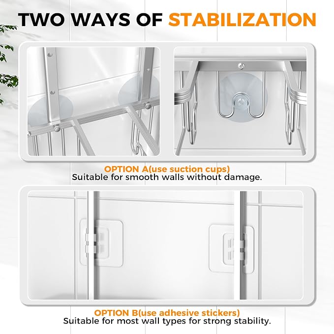 Adjustable Aluminum Shower Caddy Hanging for Handheld Showerhead, Silver | Rustproof Aluminum, Shower Organizer, Anti-Slip, Quick-Drain Shelf, 40lbs Capacity, Suction Cups, 8 Hooks, Razor Soap Holders