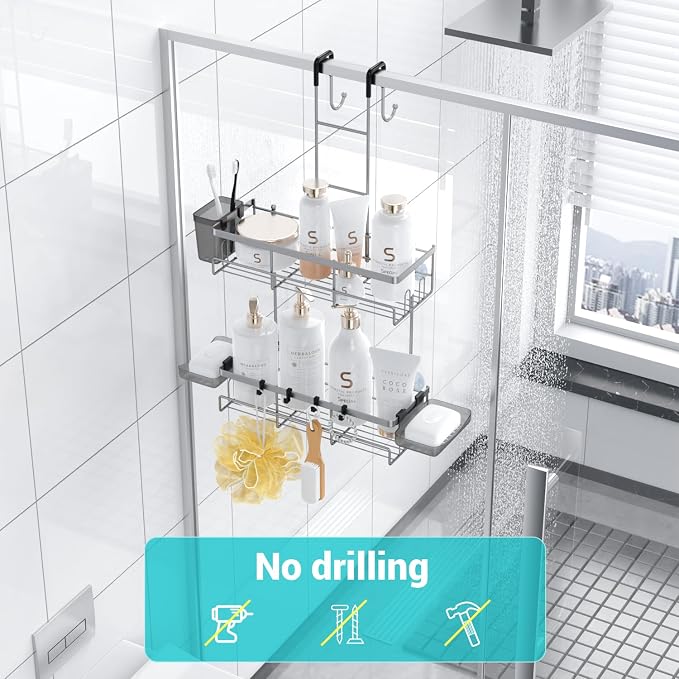 Aitatty Hanging Shower Caddy Over Door: No Drill Rustproof Shower Shelf | Includes Hooks & Soap Holders for Shampoos, Conditioners and Bathroom Essentials, Anti-Slip for Any Shower Room