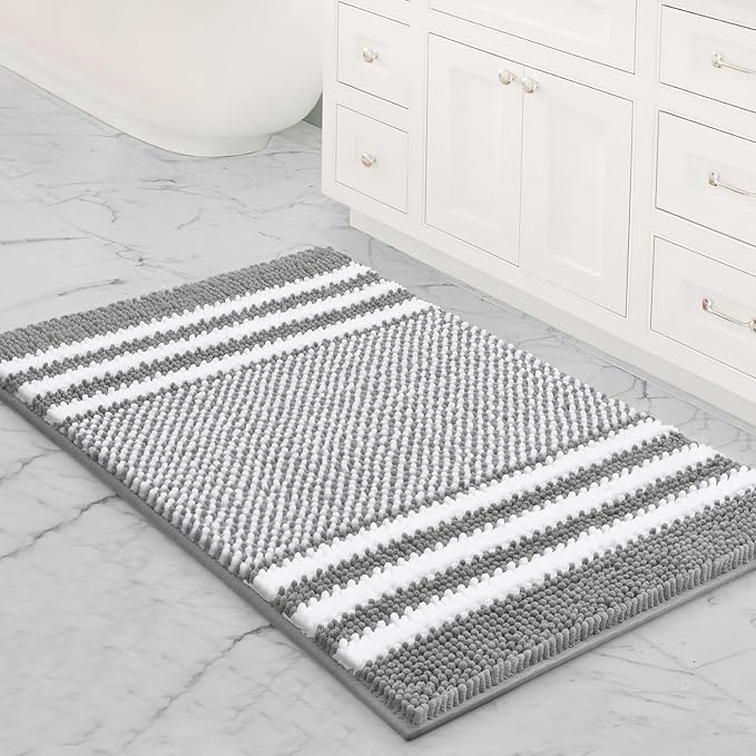 Bathroom Rugs, 20x32 Chenille Bath Mats, Light Grey | Extra Soft Absorbent, Non Slip Striped, Quick Dry Machine Washable, Modern, Shower Rug for Bathroom Bedroom Decor