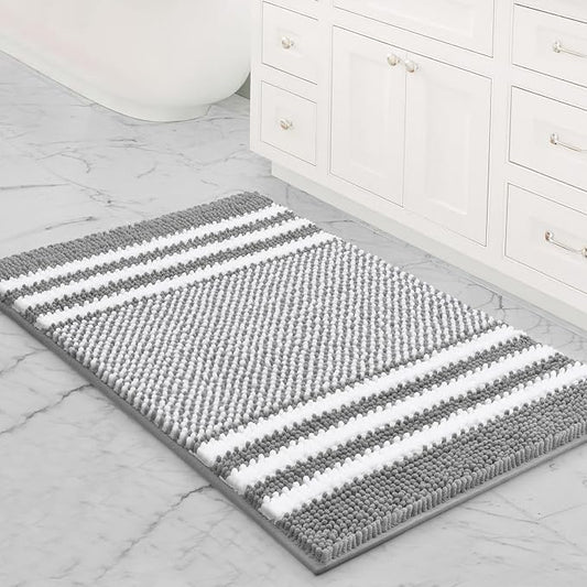 Bathroom Rugs, 20x32 Chenille Bath Mats, Light Grey | Extra Soft Absorbent, Non Slip Striped, Quick Dry Machine Washable, Modern, Shower Rug for Bathroom Bedroom Decor