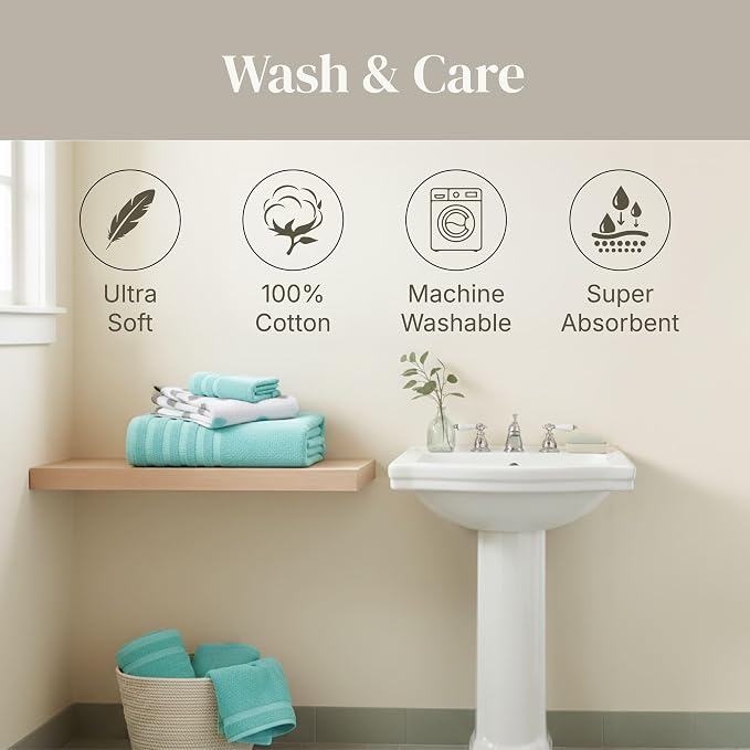 Modern Threads 6 Piece Bath Towel Set – Bathroom Set with 2 Bath Towels, 2 Hand Towels, and 2 Wash Cloths – 100% Cotton, Super Absorbent & Extra Soft – Reversible Natural Vine (Aqua)