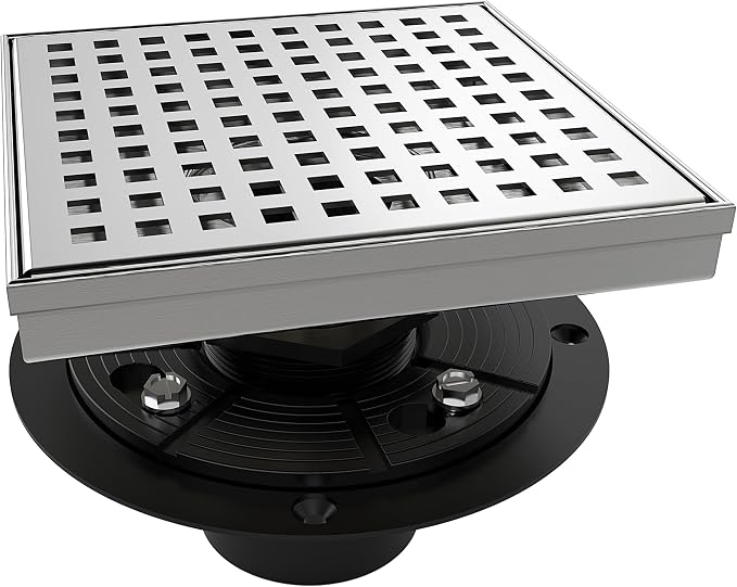 WEBANG 6 Inch Square Shower Drain Brushed Floor Drain with Flange Square Holes Pattern Cover Grate Removable SUS304 Stainless Steel Watermark&CUPC Certified Brushed