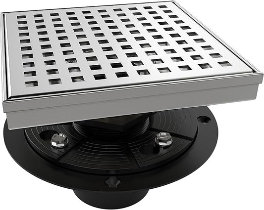 WEBANG 6 Inch Square Shower Drain Brushed Floor Drain with Flange Square Holes Pattern Cover Grate Removable SUS304 Stainless Steel Watermark&CUPC Certified Brushed