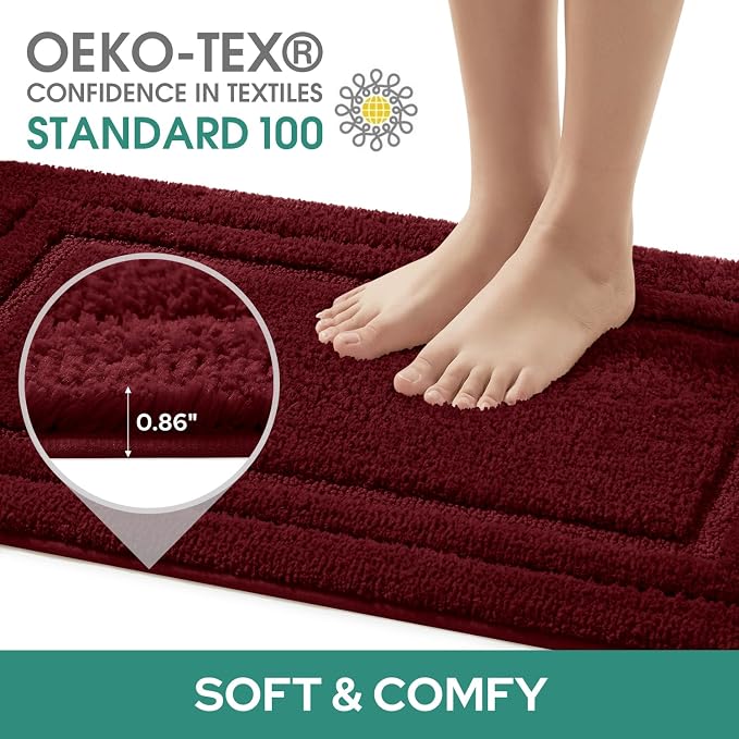 HOMEIDEAS Burgundy Red Bath Rugs Set of 3, Non Slip Bath Mats | Super Absorbent, Plush Microfiber, Machine Washable, Stain Resistant, Easy Care, Perfect for Modern Bathroom Decor