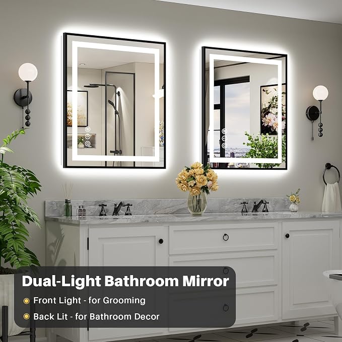 36x30 Inch LED Bathroom Mirror with Black Frame, Backlit & Front Lit | Anti-fog, 3 Color Dimmable, Memory Function, HD Reflection Tempered Glass, ETL Listed, IP54 Waterproof