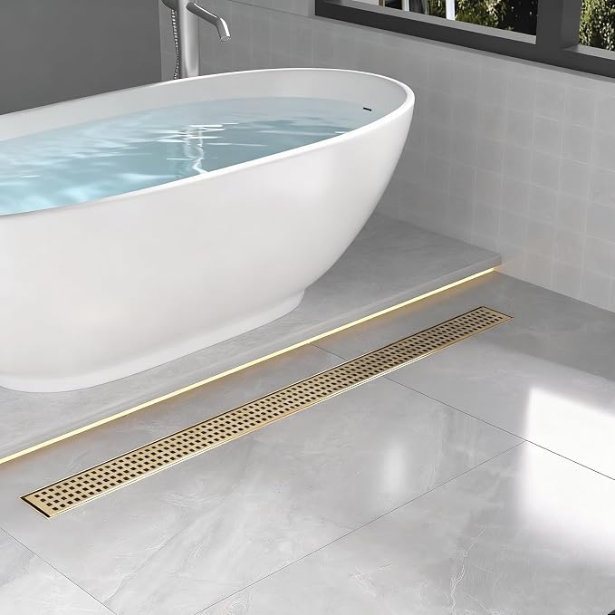 Linear Shower Drain | 36 Inch AISI 304 Stainless Steel Shower Drain, Brushed Gold Linear Drain with Removable Quadrato Grate Cover & Adjustable Feet, Rectangle Floor Drain, in Bathroom Balcony etc