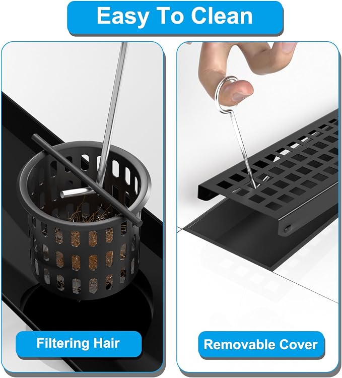 24 Inch Black Linear Shower Drain, Rectangular Shower Floor Drains with Square Hole Cover, 304 Stainless Steel Linear Drain with Leveling Feet, Hair Strainer (Matte Black)