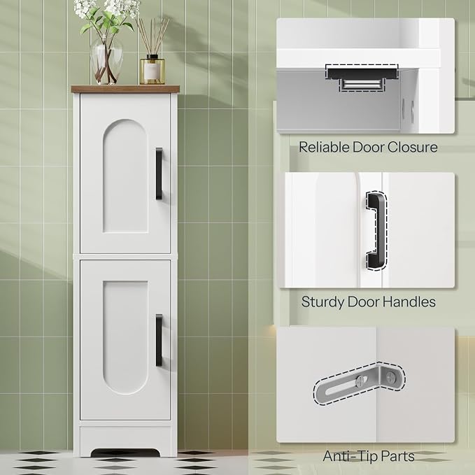 HOOBRO Small Bathroom Storage Cabinet, Farmhouse Corner Floor Storage Cabinet with 2 Doors and Adjustable Shelves, Toilet Paper Cabinet for Small Spaces, 8.3" D x 8.3" W x 30.7" H, White and Walnut