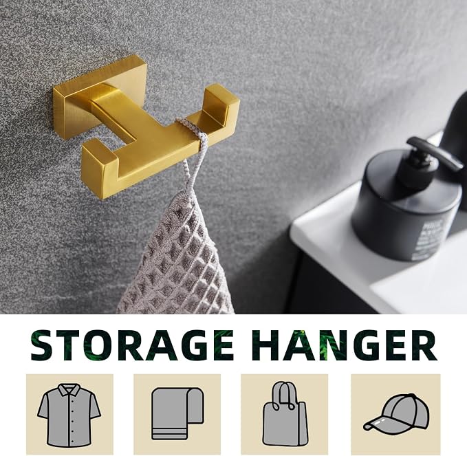 APLusee Double Robe Towel Hook Brushed Dark Gold, 304 Stainless Steel Bathroom Hand Towel Holder, Clothes Wall Hanger for Toilet Kitchen Cabinet