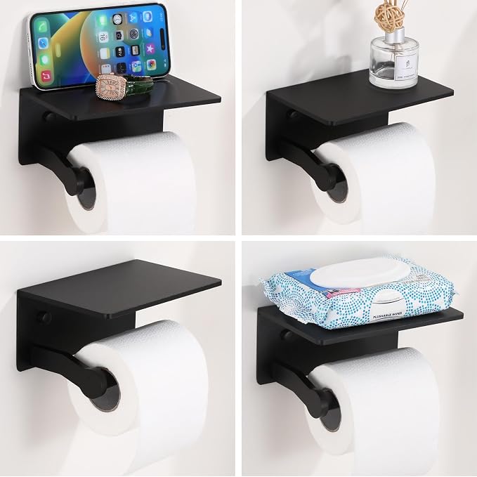 Toilet Paper Holder with Cell PhoneShelf - Toilet Tissue Holder with Wipes Storage, Wall Mounted by Adhesive Tape or Screw - Matte Black