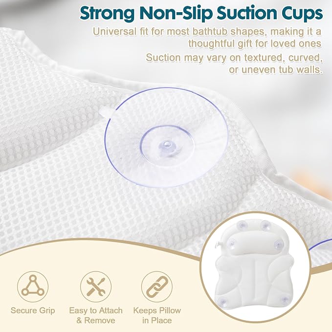 Bath Pillows for Tub, Bathtub Pillow for Head & Neck, Spine-Line Groove | Extended Wings | Spine-Line Groove | Extra Thick Headrest | Quick-Dry 4D Air Mesh | 6 Non-Slip Suction Cups | Laundry Bag
