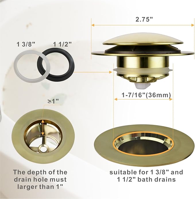 Brushed Gold Bath Tub Drain Stoppers,Wellup Universal Pop Up Bathtub Drain Stopper Replacement Tip Toe, Lift and Turn for Bathtub,EZ Bath tub Plug Conversion Kit Assembly (Gold Brushed)