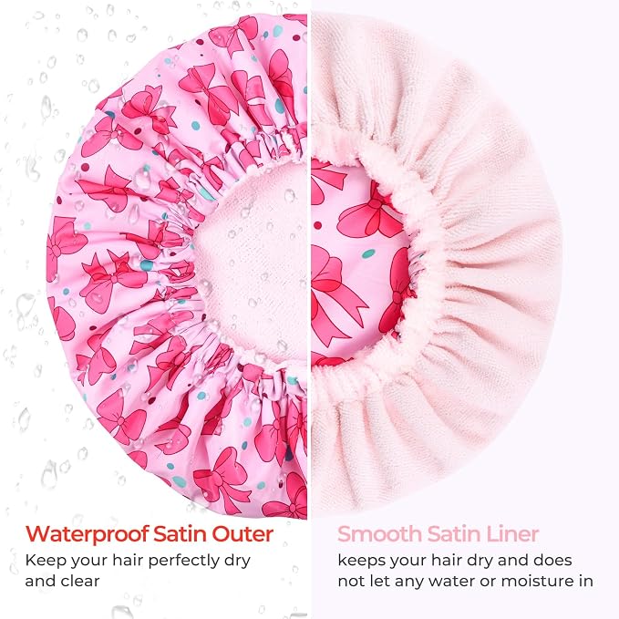 Aileam Pink Bow Shower Cap for Women, Terry Lined Bath Cap Large Reusable Waterproof Shower Hair Cap for Long Thick Hair
