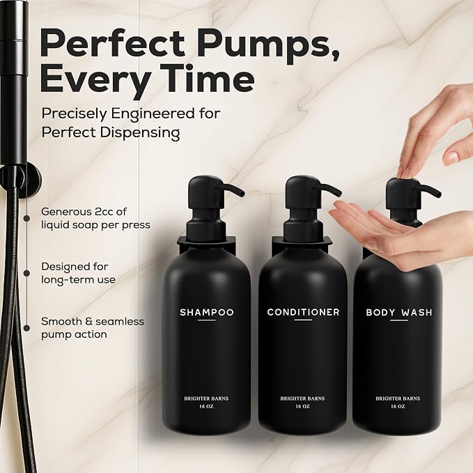 Black Shampoo and Conditioner Dispenser Set Wall Mounted by Brighter Barns - 3 Chamber No Drill Shampoo Bottles for Shower Wall - Refillable Plastic Shower Soap Dispenser for Airbnb, RV, Hotel (Black)