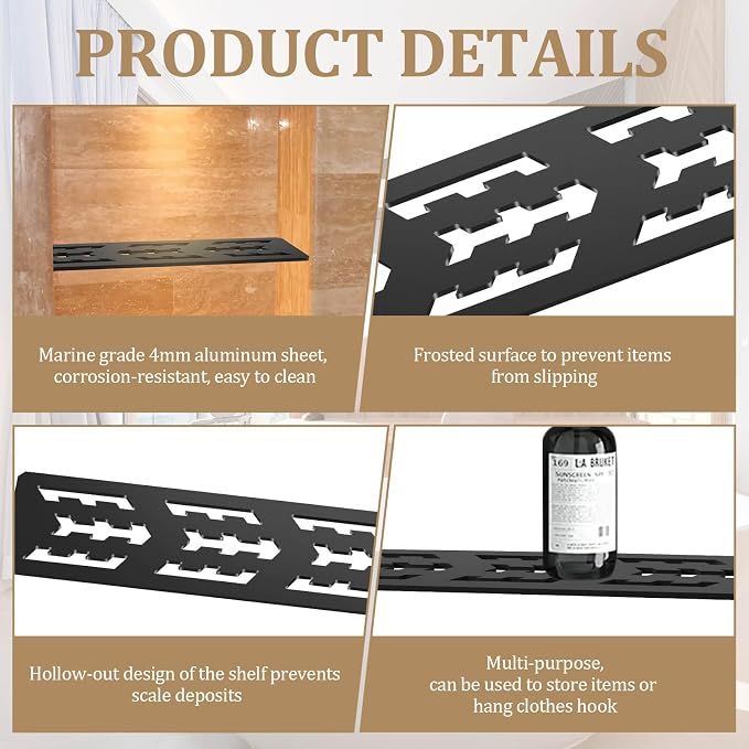 Rectangular Shelf for 12 Inch Tile Prefabricated Niches, Shower Niche Shelf with Frosted Anodized Aluminum Finish, Fits 1/8 inch Grout Lines Shower Niche Insert
