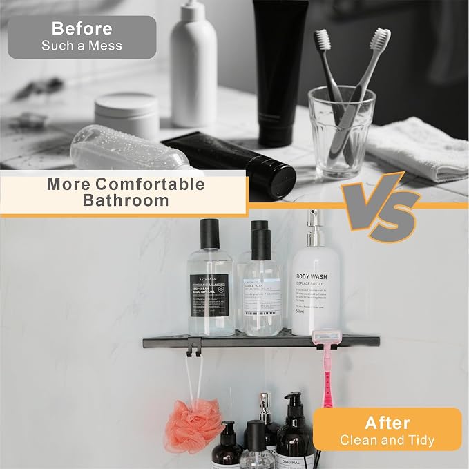 WELLUP Corner Shower Shelf with 4 Hooks,10 Inch 304 Stainless Steel Recessed Bathroom Shelves,No-Drilling Installation for Tiled Wall,Matte Black, 2-Pack