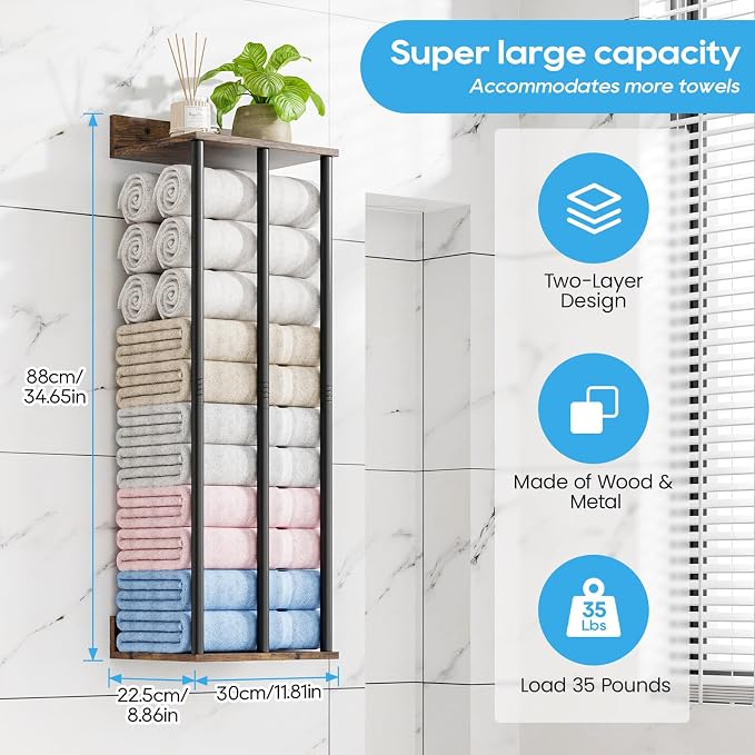 Towel Racks for Bathroom Wall Mounted with Wooden Storage Shelf | Updated 3 Bar Metal Towel Holder for Rolled Towels, Rustic Sturdy and Large Capacity, Towel Storage Organizer