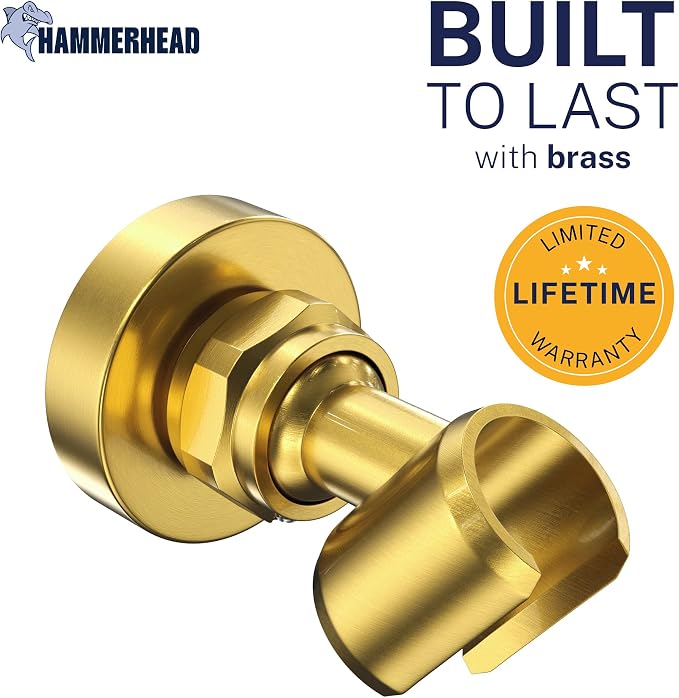 HammerHead Showers Solid Metal Handheld Showerhead Holder Wall Mount, Adjustable Screw-Mounted Pivot Ball, Shower Hose Holder, Fits Most Handheld Showerheads, Brushed Gold