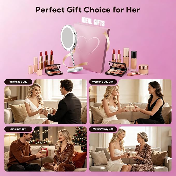 30X Makeup Mirror with Lights, Brightness Adjustable with 3 Colors, Double Sided Magnifying Mirror with 360° Rotation, Lighted Makeup Mirror with Magnification, Ideal Gift for Women -Nickel