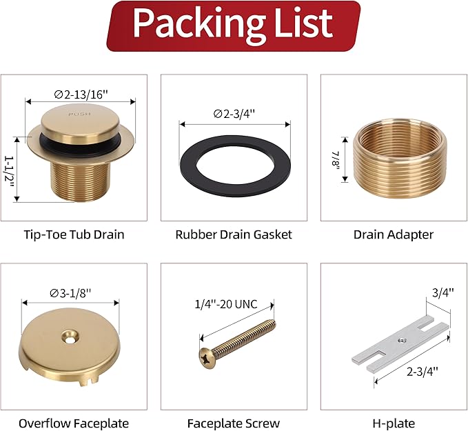 PRIMSOPH Tip-Toe Tub Drain Trim Kit with One Hole Overflow Faceplate Conversion Kit Assembly Universal Fine Coarse Thread Replacement Brushed Gold