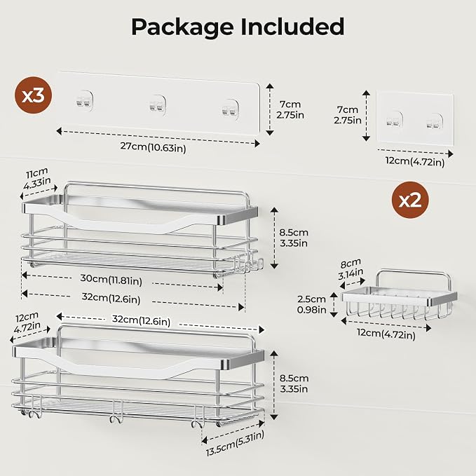 Orimade Shower Caddy Basket Soap Dish Holder Shelf with 5 Hooks Bathroom Organizer Shelf Kitchen Storage Rack Wall Mounted Adhesive No Drilling Rustproof SUS304 Stainless Steel - 3 Pack