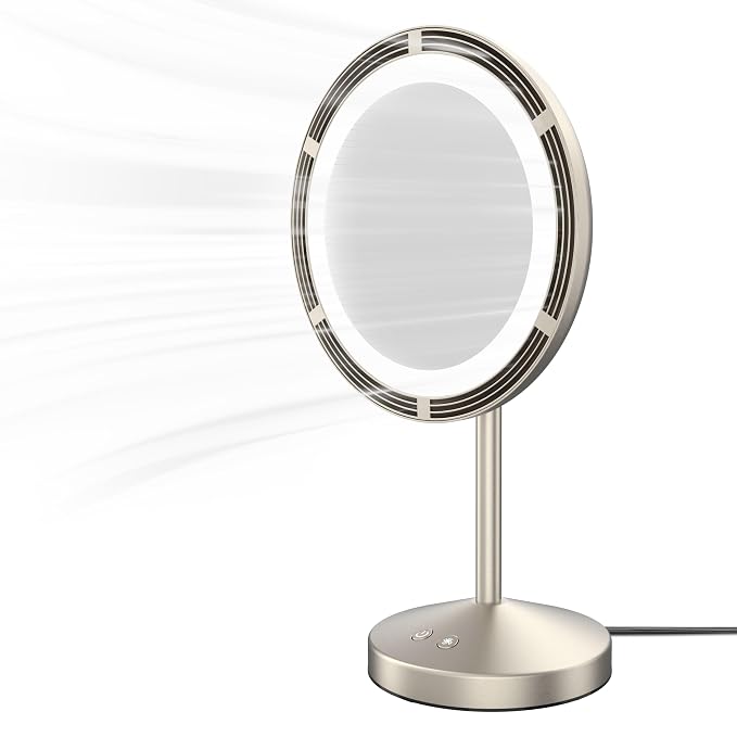 Conair Vanity Mirror with Lights, Adjustable Fan & Brightness, Round | Magnifying makeup mirror with lights for any beauty and skincare routine, tilting hinge, removable 10x magnetic spot mirror