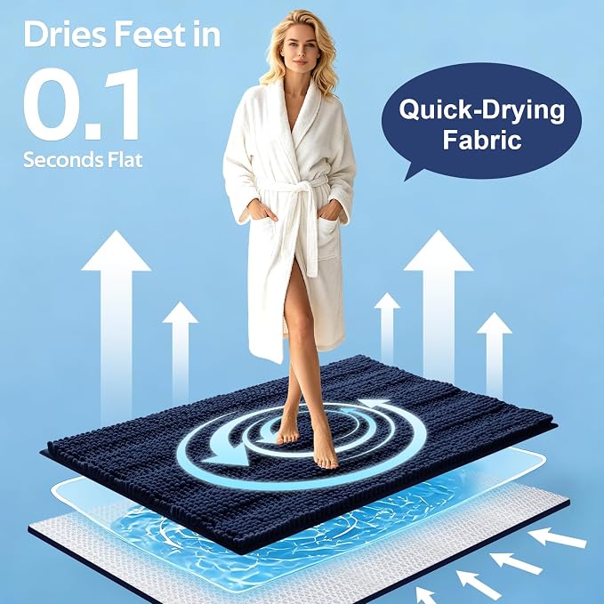 ACCUMTEK Striped Navy Blue Bathroom Rug Mat Set 2 piece 24"x17"+48"x20" Ultra Soft, Non Slip Chenille Bath Rugs, Absorbent Plush Shaggy Bath Mats for Bathroom, Bedroom, Kitchen, Shower, Tub