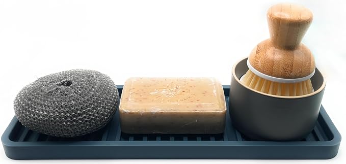 Silicone Sink and Surface Organizer Tray, Sponge Holder, Vanity Tray, Heat Safe, Dishwasher Safe, for Bathroom and Kitchen Organization (Smoky Blue, 12"x4")