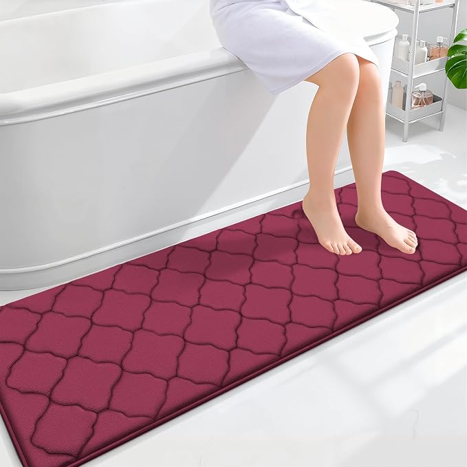 OLANLY Memory Foam Bath Mat Rug 59x20, Ultra Soft Bathroom Rugs, Burgundy | Thick Absorbent Carpet, Non-Slip Backing, Machine Washable, for Bathroom Floor, Tub, Shower and Home Decor Accessories